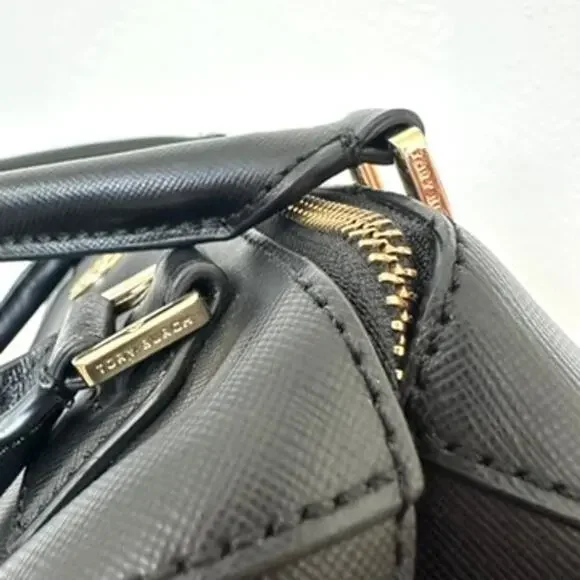 Tory Burch Robinson Black Leather Satchel Bag Gold Hardware Classic Tote - Picture 3 of 6